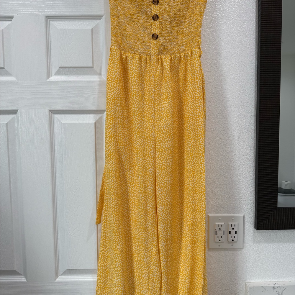 Yellow Smocked Button-Front Wide Leg Jumpsuit